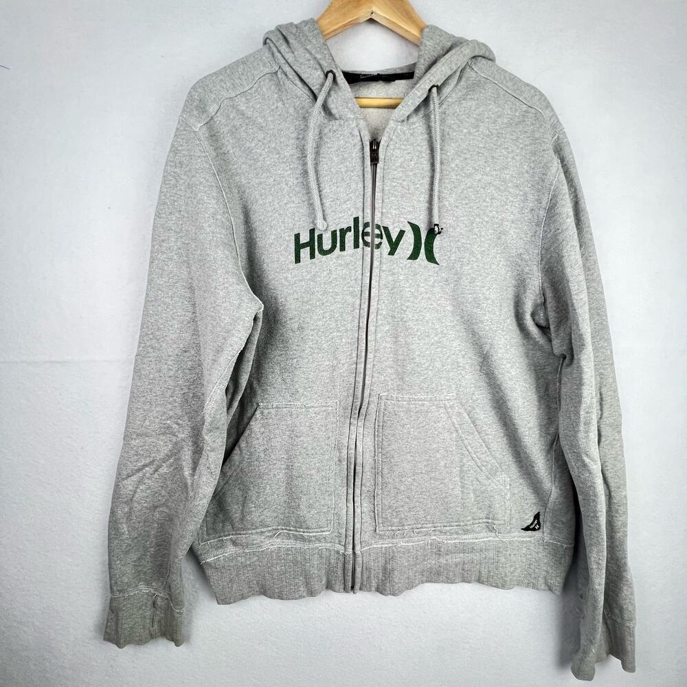 Vintage Hurley XL Gray Surf Skate Spellout Logo Distressed Men's Full Zip Hoodie